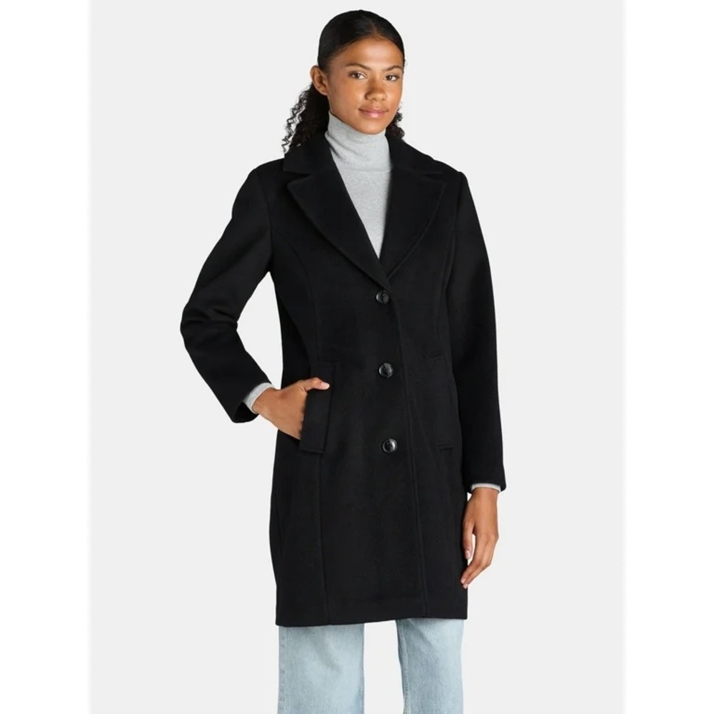 Time and Tru Women's Notch Collar Black Button Front Faux Wool Pea Coat NWT